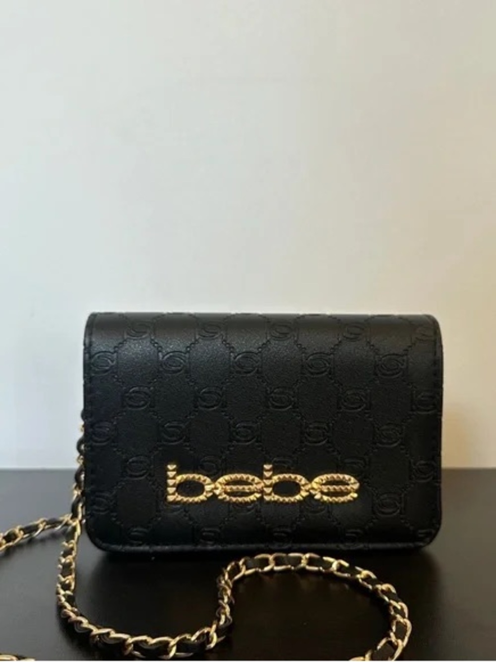 bebe Black Quilted Crossbody with Gold Chain Logo